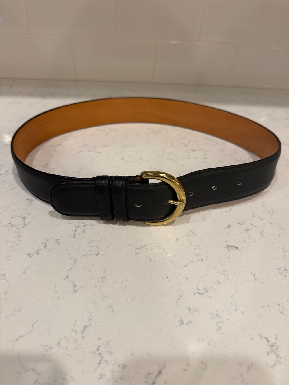 Vintage Coach Navy Blue 100% Leather Belt With Rounded Brass Gold Buckle Size M